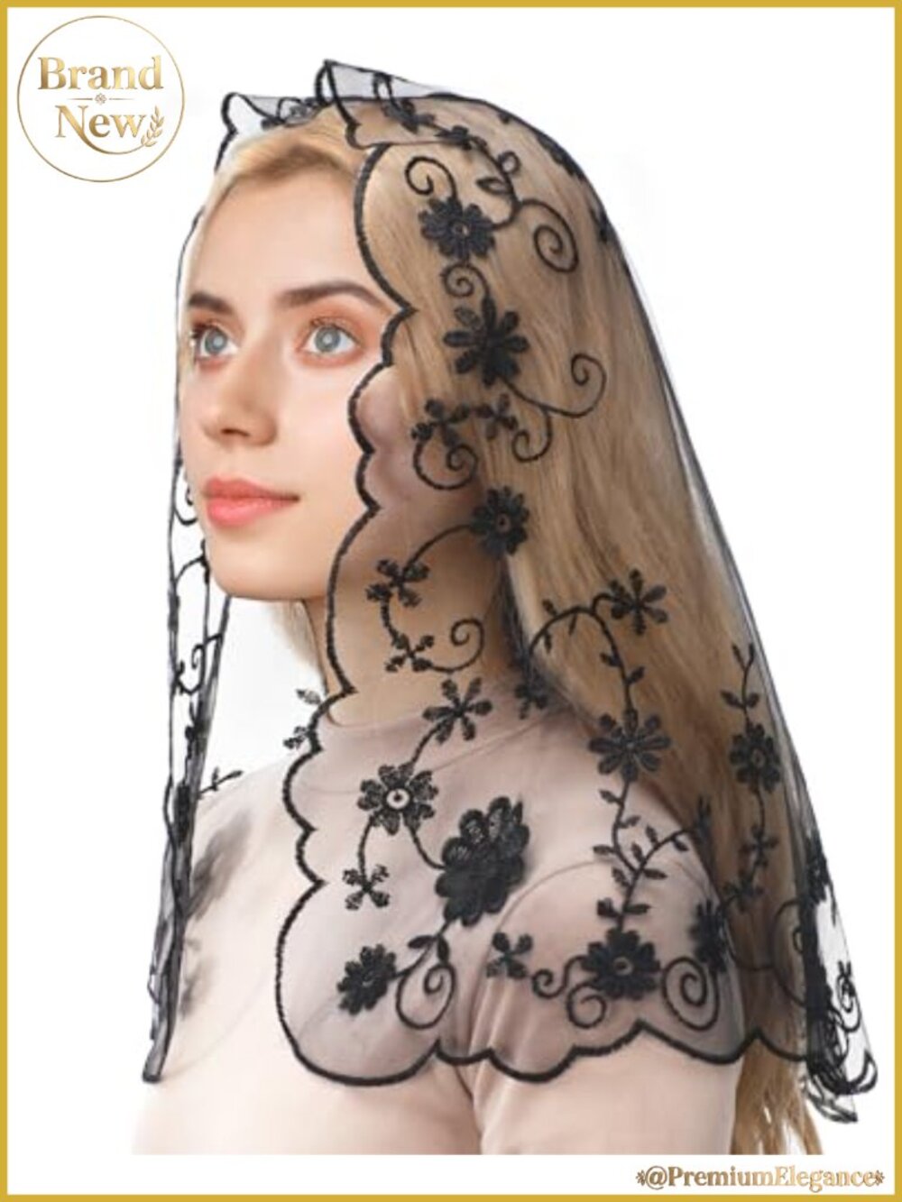 Black Floral Lace Chapel Veil for Women - Catholic Mantilla Head Covering